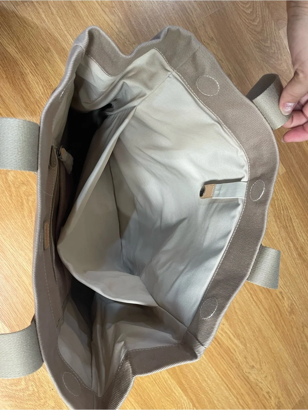 July Daybreak Taupe Beige Canvas Laptop Tote with Tan Accents